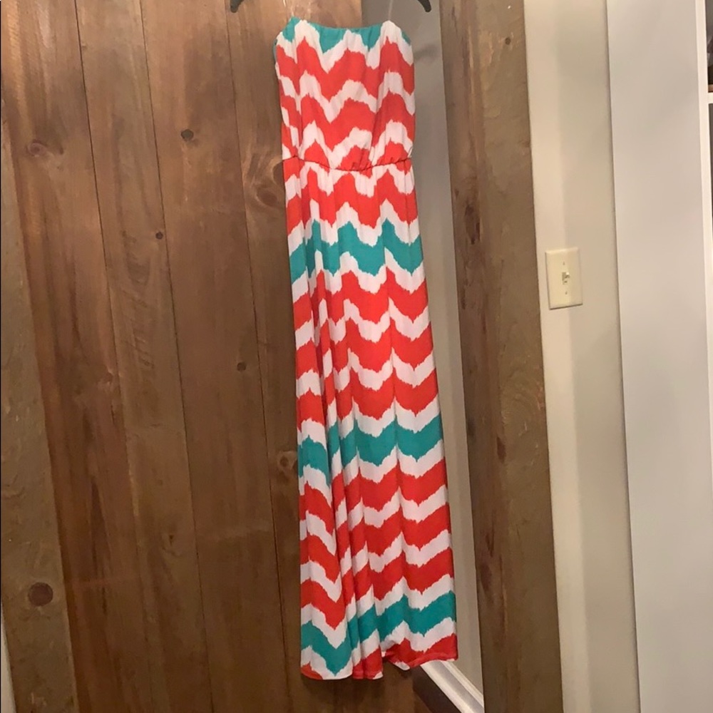 Auditions strapless maxi dress, red/teal stripe